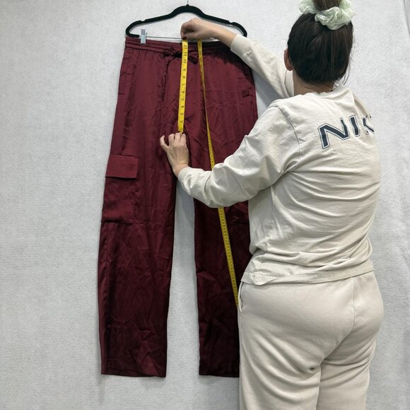 NSR Pants Womens Large Burgundy Satin Cargo Drawstring Elastic Waist Pockets - Picture 7 of 11